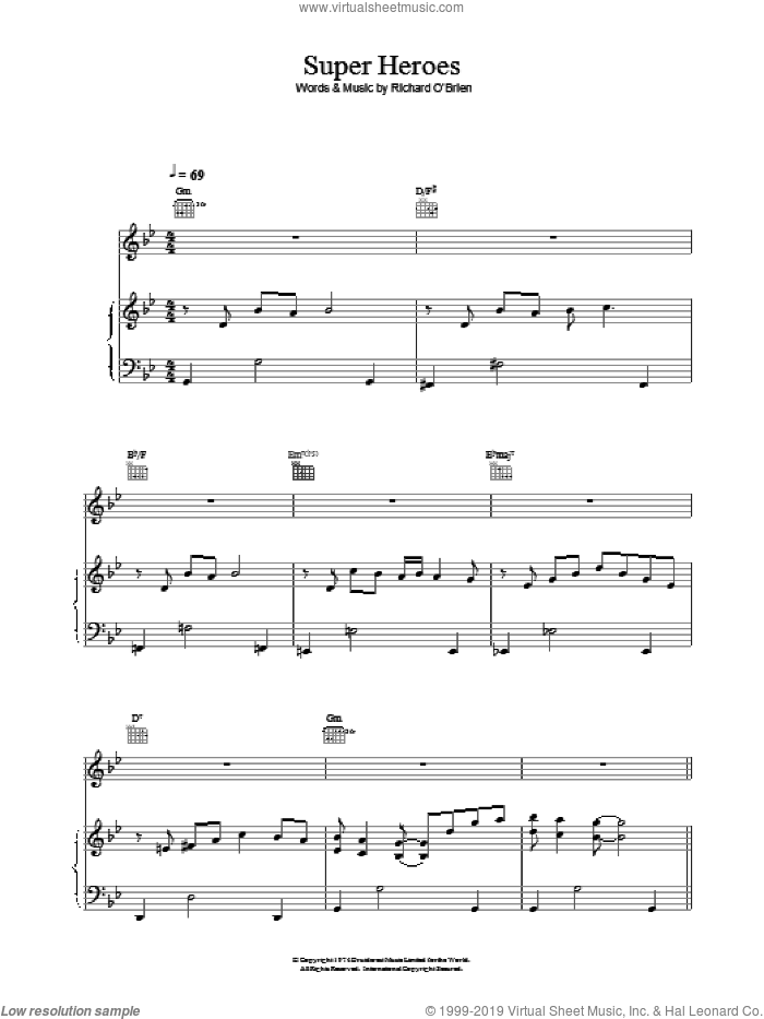 Super Heroes sheet music for voice, piano or guitar by Richard O'Brien and The Rocky Horror Picture Show, intermediate skill level