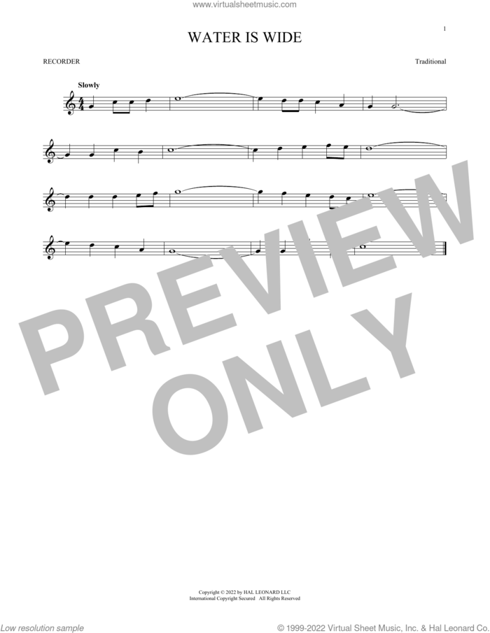 Water Is Wide sheet music for recorder solo, intermediate skill level
