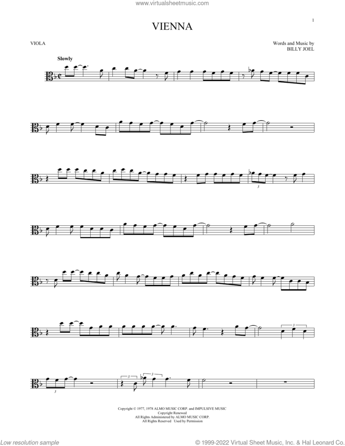 Vienna sheet music for viola solo by Billy Joel, intermediate skill level