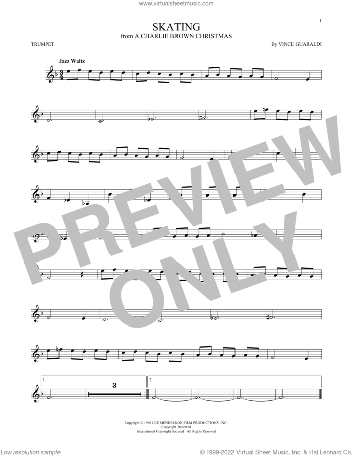Skating sheet music for trumpet solo by Vince Guaraldi, intermediate skill level