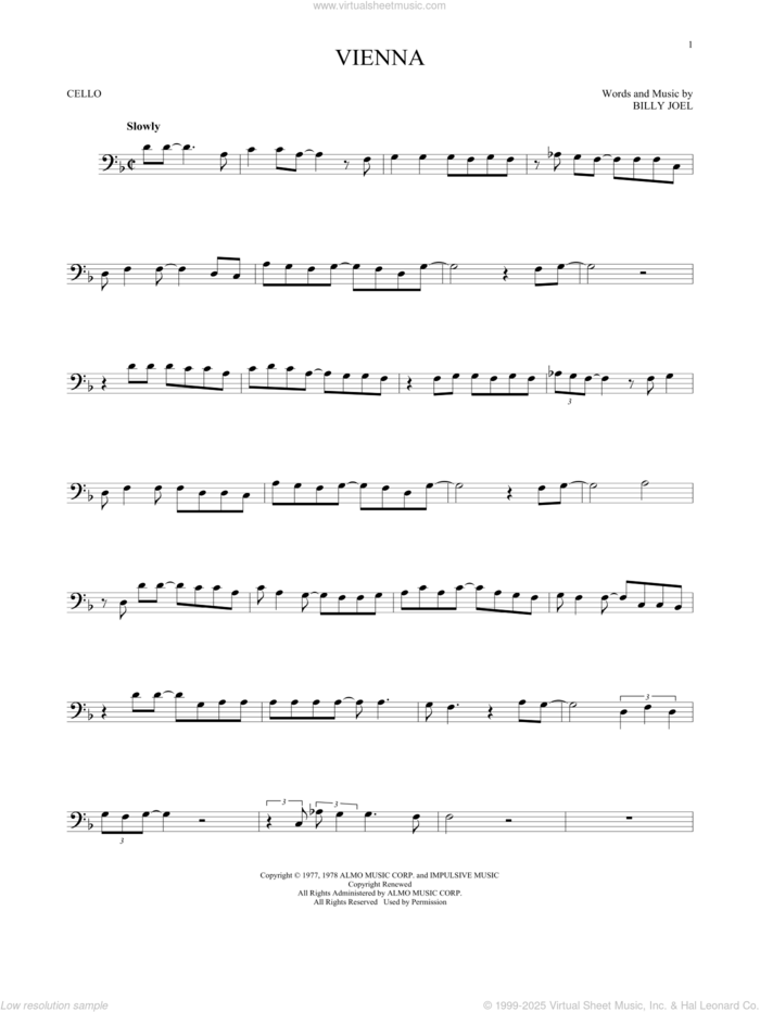 Vienna sheet music for cello solo by Billy Joel, intermediate skill level