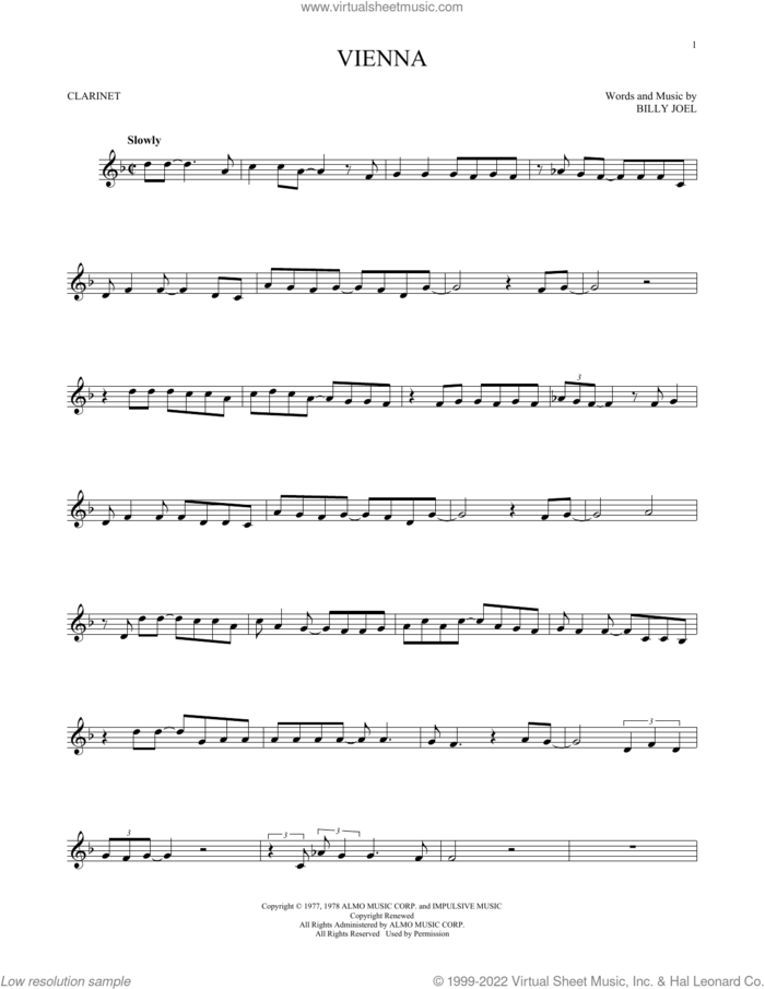 Vienna sheet music for clarinet solo by Billy Joel, intermediate skill level
