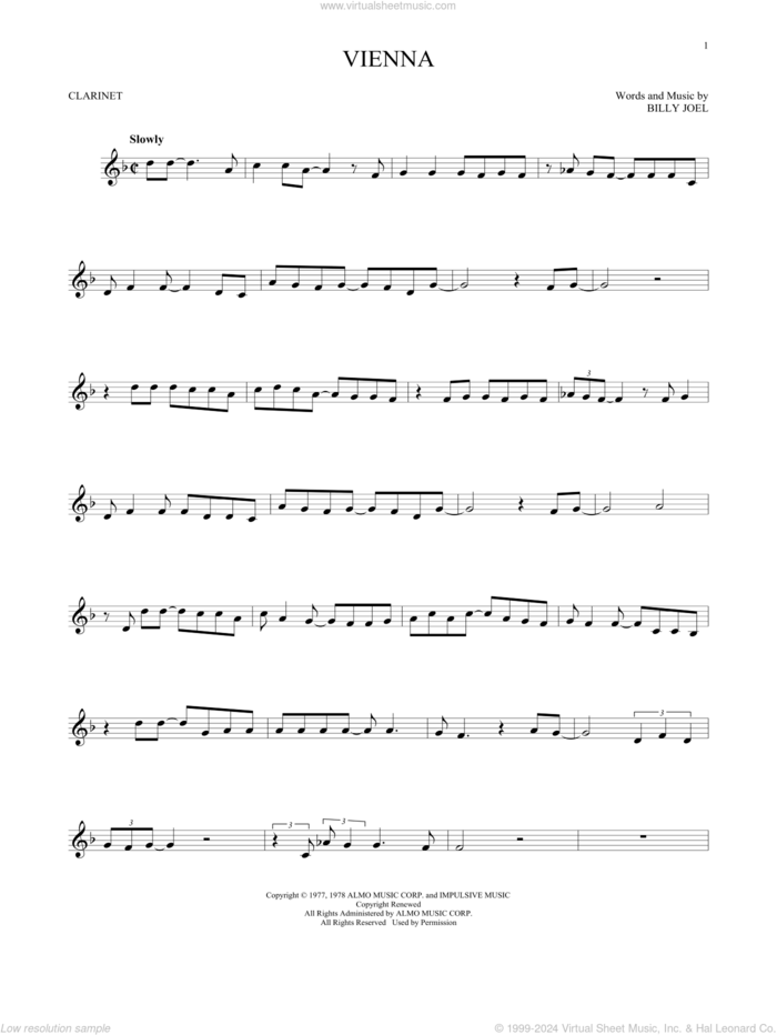 Vienna sheet music for clarinet solo by Billy Joel, intermediate skill level