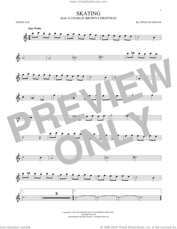 Skating sheet music for tenor saxophone solo by Vince Guaraldi, intermediate skill level