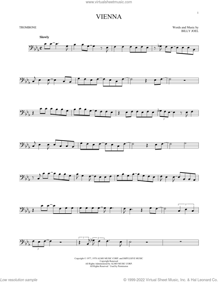 Vienna sheet music for trombone solo by Billy Joel, intermediate skill level