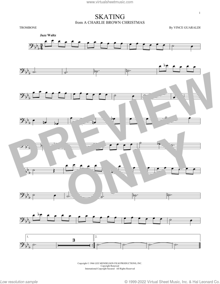 Skating sheet music for trombone solo by Vince Guaraldi, intermediate skill level