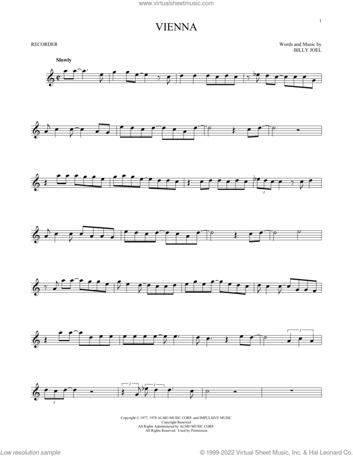 Vienna sheet music for recorder solo by Billy Joel, intermediate skill level