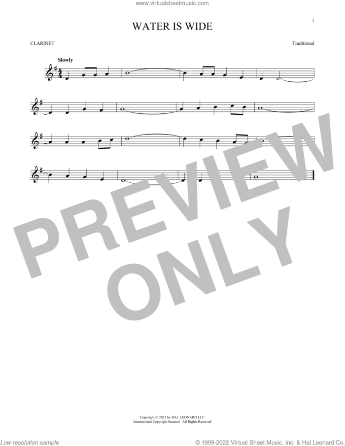 Water Is Wide sheet music for clarinet solo, intermediate skill level