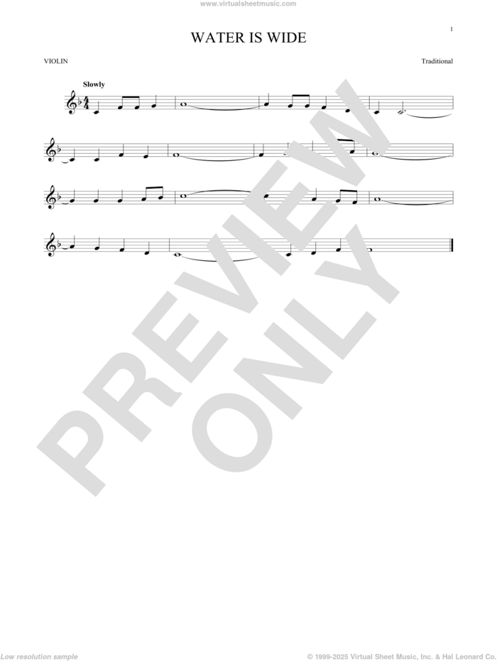 Water Is Wide sheet music for violin solo, intermediate skill level