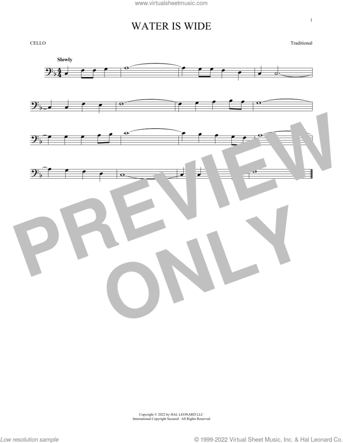 Water Is Wide sheet music for cello solo, intermediate skill level