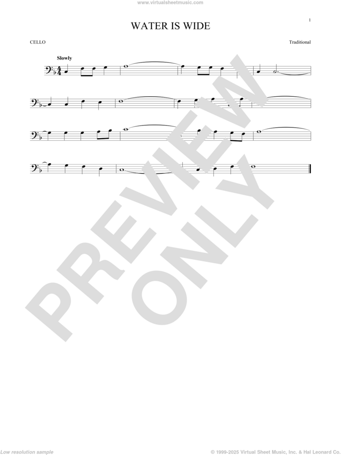 Water Is Wide sheet music for cello solo, intermediate skill level