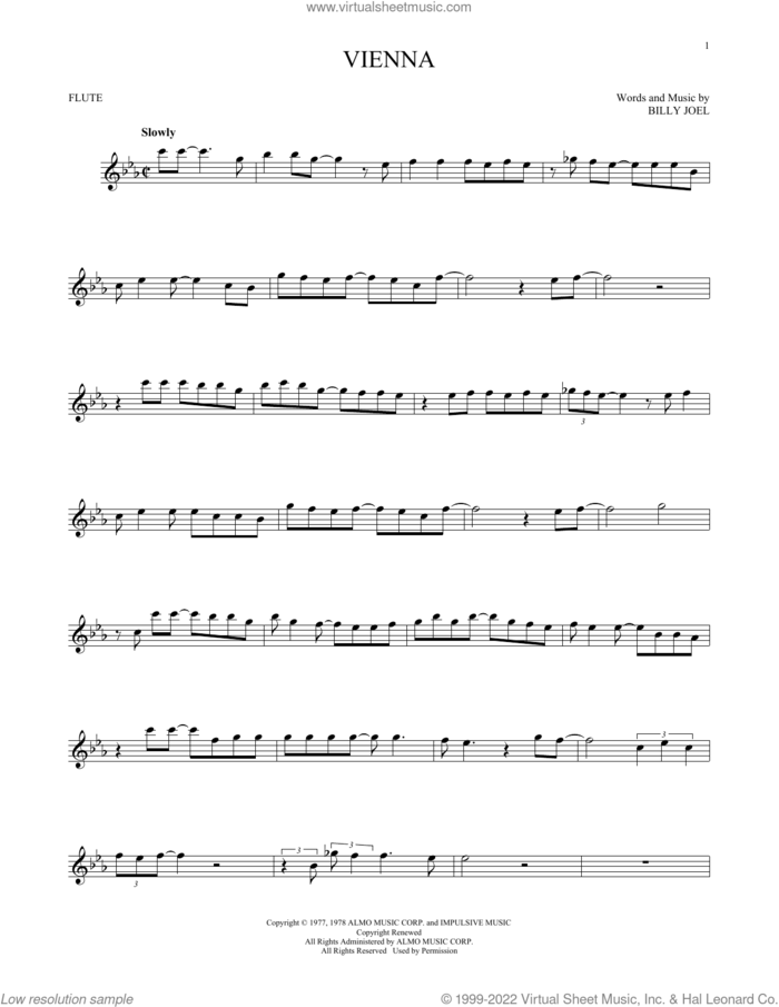 Vienna sheet music for flute solo by Billy Joel, intermediate skill level