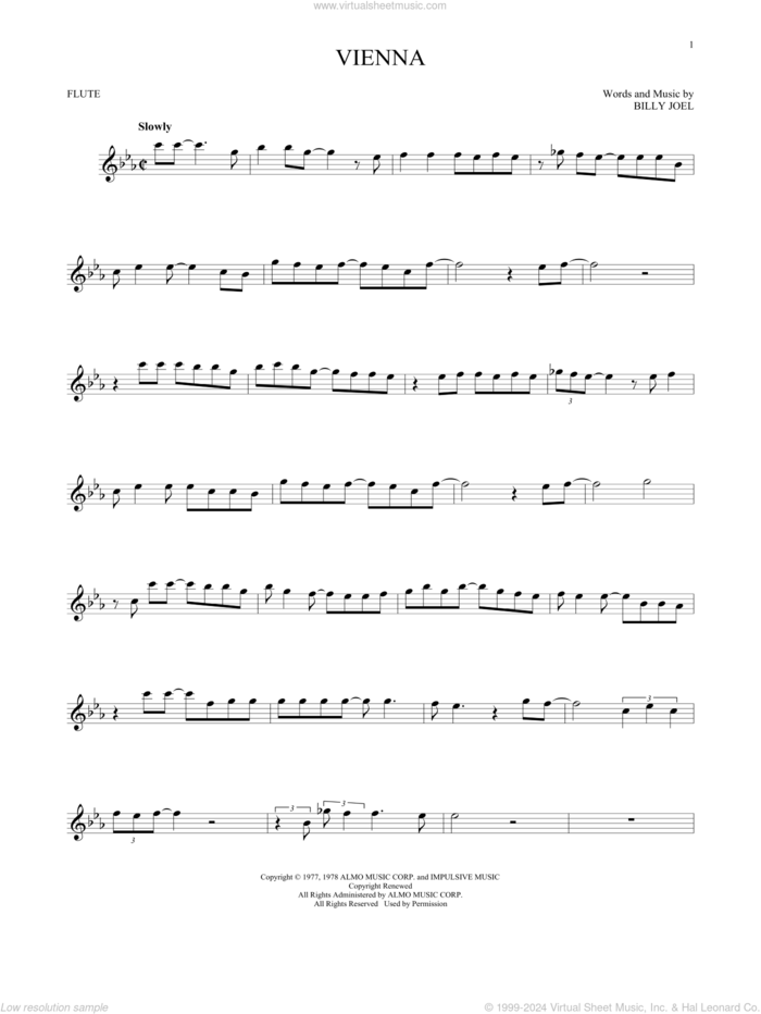 Vienna sheet music for flute solo by Billy Joel, intermediate skill level