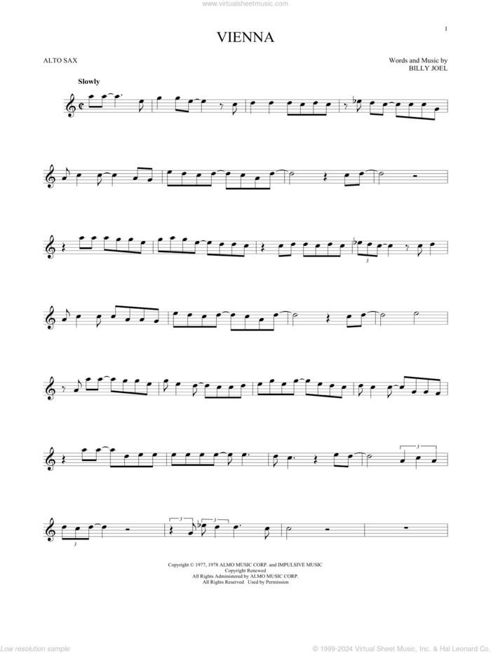 Vienna sheet music for alto saxophone solo by Billy Joel, intermediate skill level