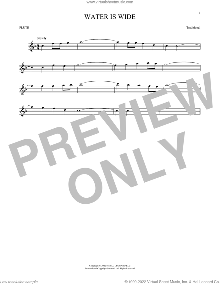 Water Is Wide sheet music for flute solo, intermediate skill level
