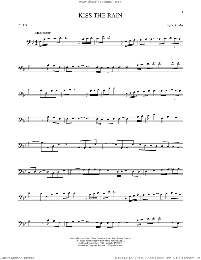 Kiss The Rain sheet music for cello solo by Yiruma, classical score, intermediate skill level