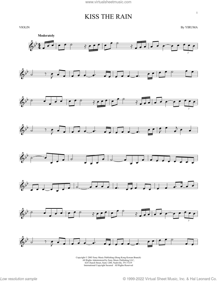 Kiss The Rain sheet music for violin solo by Yiruma, classical score, intermediate skill level