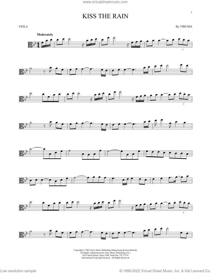 Kiss The Rain sheet music for viola solo by Yiruma, classical score, intermediate skill level