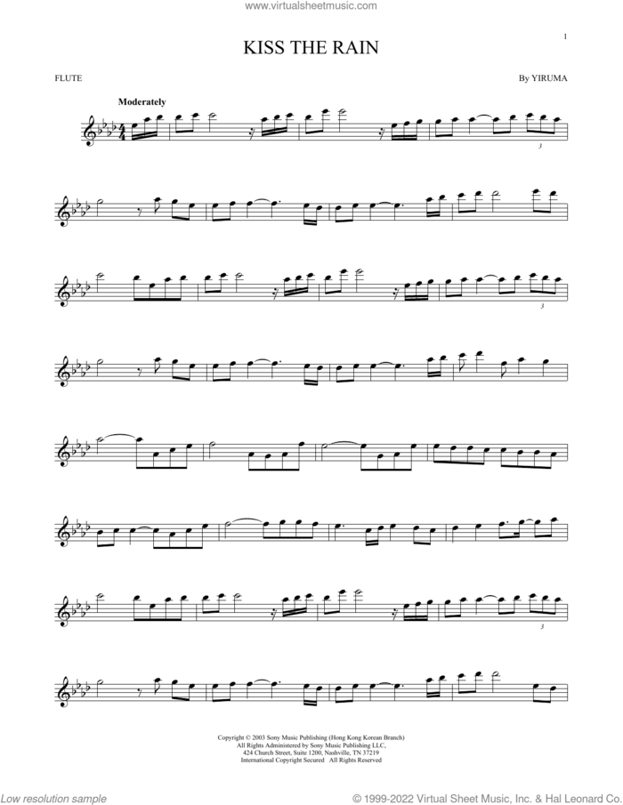 Kiss The Rain sheet music for flute solo by Yiruma, classical score, intermediate skill level