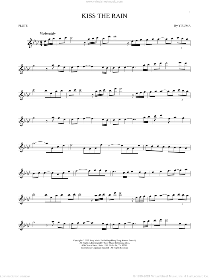 Kiss The Rain sheet music for flute solo by Yiruma, classical score, intermediate skill level