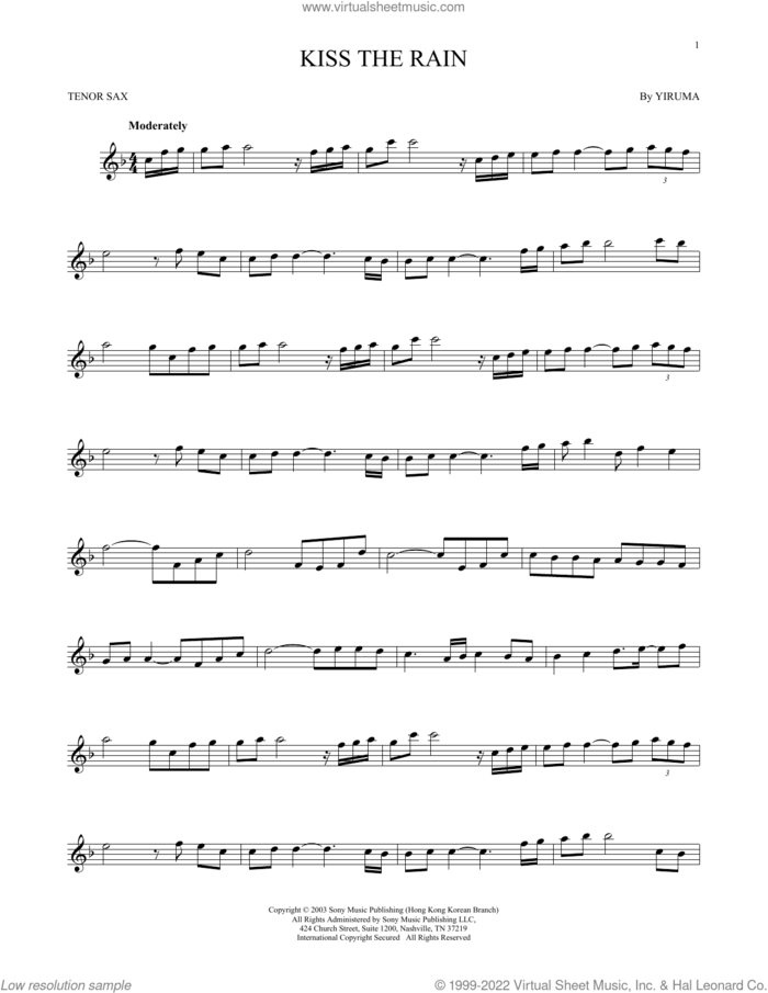 Kiss The Rain sheet music for tenor saxophone solo by Yiruma, classical score, intermediate skill level