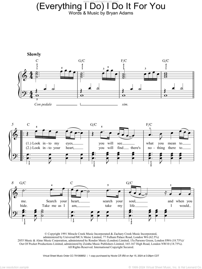 (Everything I Do) I Do It For You sheet music for piano solo by Bryan Adams, intermediate skill level