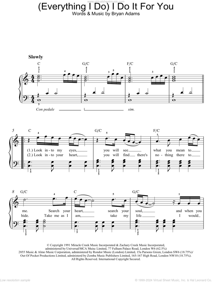 (Everything I Do) I Do It For You sheet music for piano solo by Bryan Adams, intermediate skill level