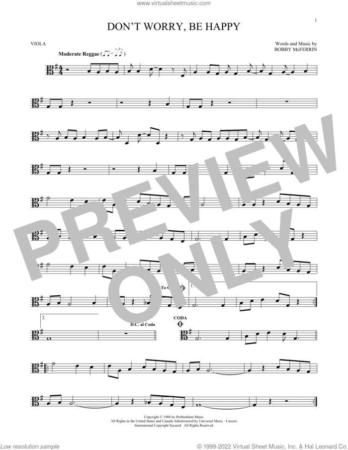 Don't Worry, Be Happy sheet music for viola solo by Bobby McFerrin, intermediate skill level
