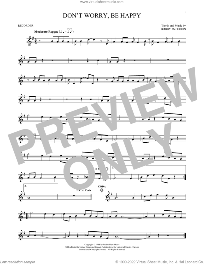 Don't Worry, Be Happy sheet music for recorder solo by Bobby McFerrin, intermediate skill level