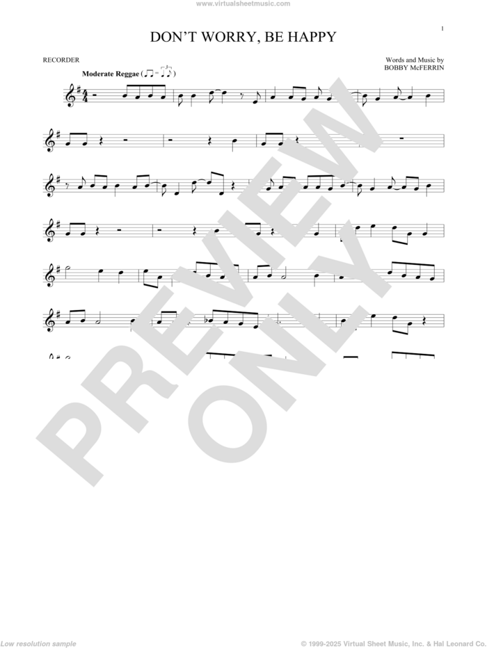 Don't Worry, Be Happy sheet music for recorder solo by Bobby McFerrin, intermediate skill level