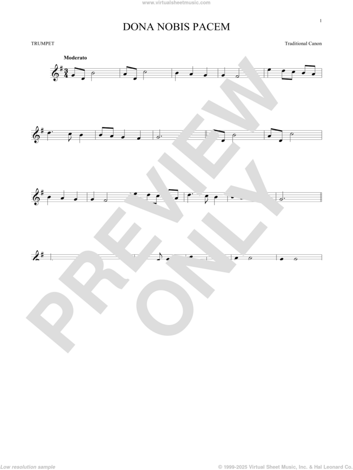 Dona Nobis Pacem sheet music for trumpet solo by Traditional Canon, classical score, intermediate skill level