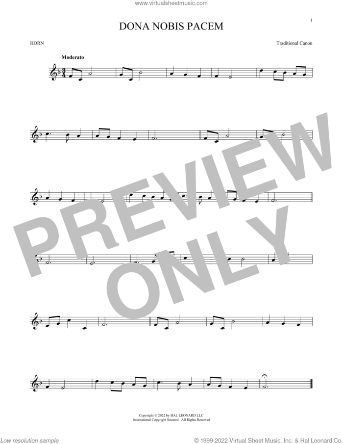 Dona Nobis Pacem sheet music for horn solo by Traditional Canon, classical score, intermediate skill level