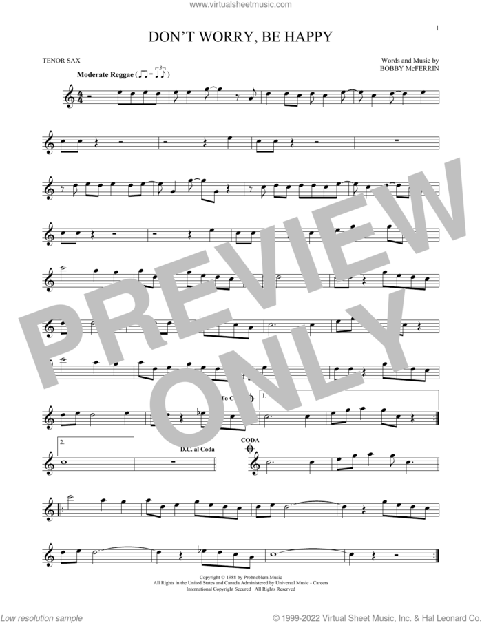 Don't Worry, Be Happy sheet music for tenor saxophone solo by Bobby McFerrin, intermediate skill level