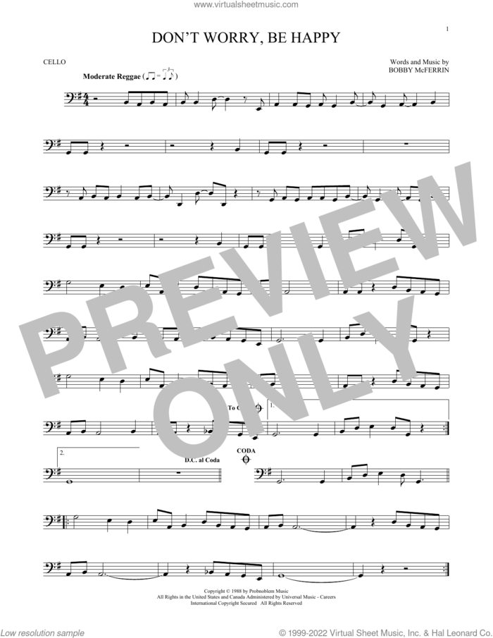 Don't Worry, Be Happy sheet music for cello solo by Bobby McFerrin, intermediate skill level