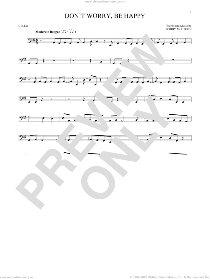 Don't Worry, Be Happy sheet music for cello solo by Bobby McFerrin, intermediate skill level