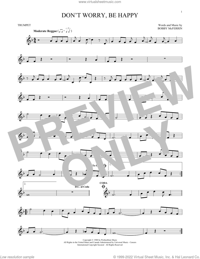 Don't Worry, Be Happy sheet music for trumpet solo by Bobby McFerrin, intermediate skill level