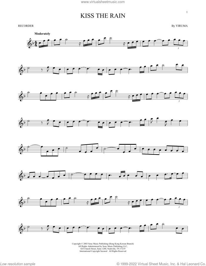 Kiss The Rain sheet music for recorder solo by Yiruma, classical score, intermediate skill level