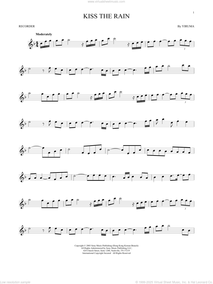 Kiss The Rain sheet music for recorder solo by Yiruma, classical score, intermediate skill level