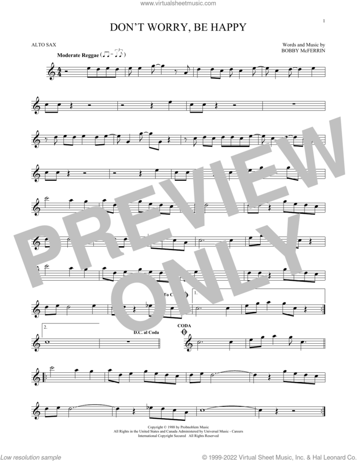 Don't Worry, Be Happy sheet music for alto saxophone solo by Bobby McFerrin, intermediate skill level