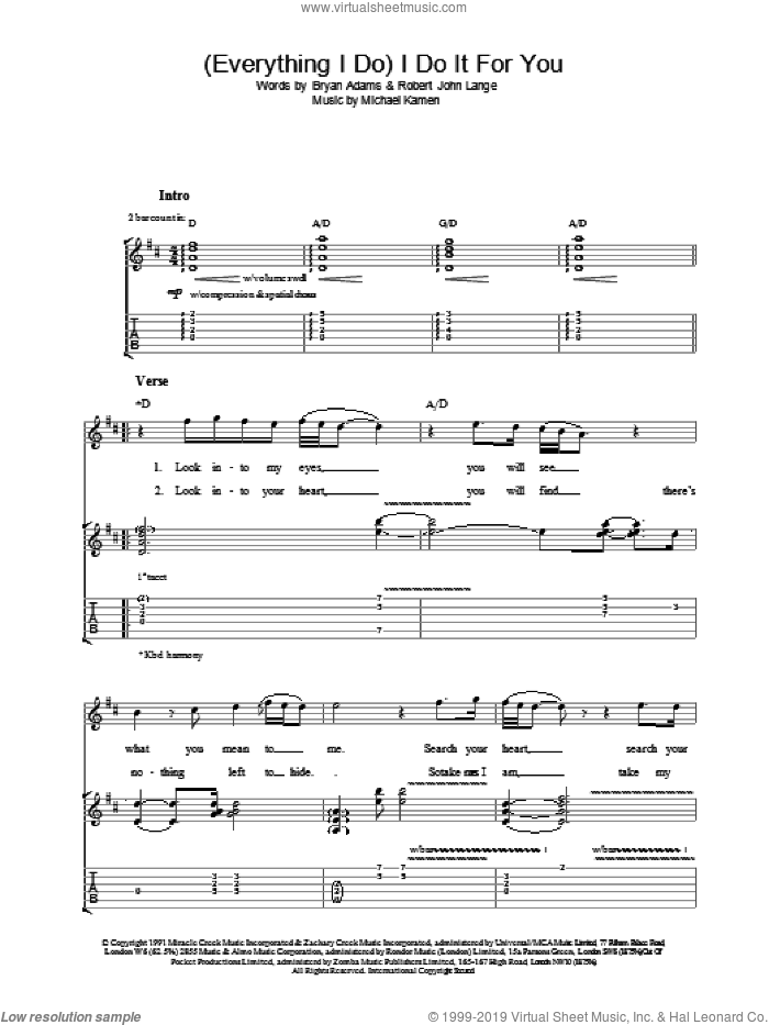 (Everything I Do) I Do It For You sheet music for guitar (tablature) by Bryan Adams, intermediate skill level