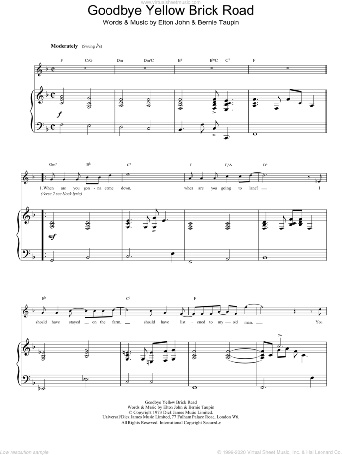 Goodbye Yellow Brick Road sheet music for voice, piano or guitar by Elton John, intermediate skill level