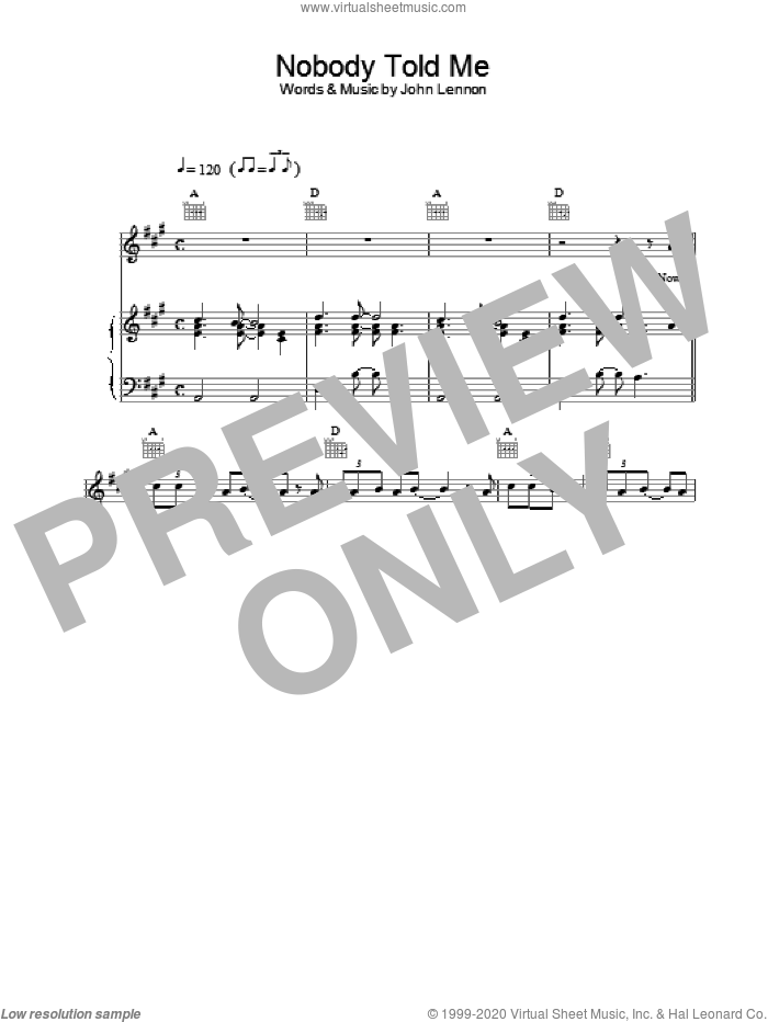 Nobody Told Me sheet music for voice, piano or guitar by John Lennon, intermediate skill level