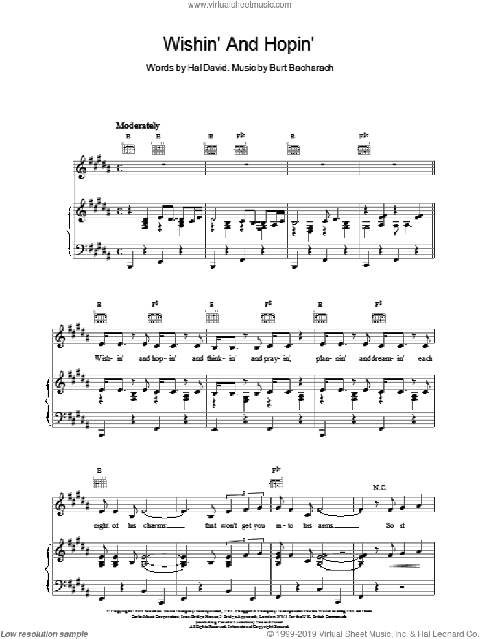 Wishin And Hopin sheet music for voice, piano or guitar by Burt Bacharach, intermediate skill level