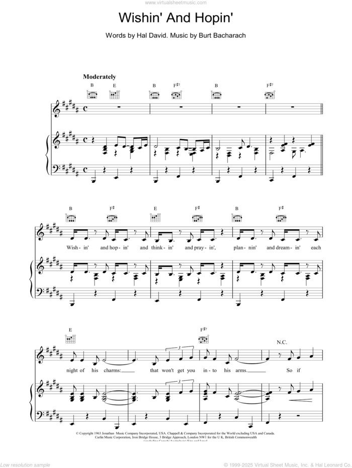 Wishin And Hopin sheet music for voice, piano or guitar by Burt Bacharach, intermediate skill level