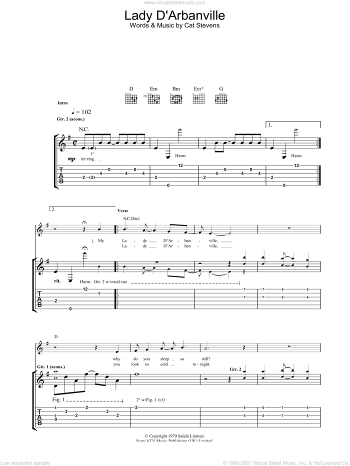 Lady D'Arbanville sheet music for guitar (tablature) by Cat Stevens, intermediate skill level