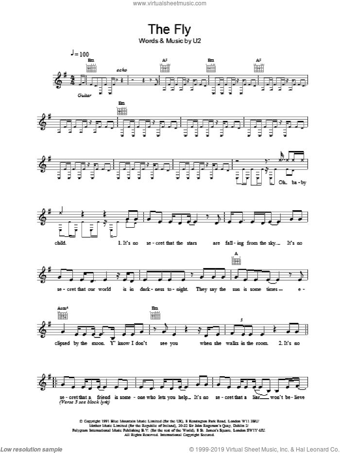 The Fly sheet music for voice and other instruments (fake book) by U2, intermediate skill level