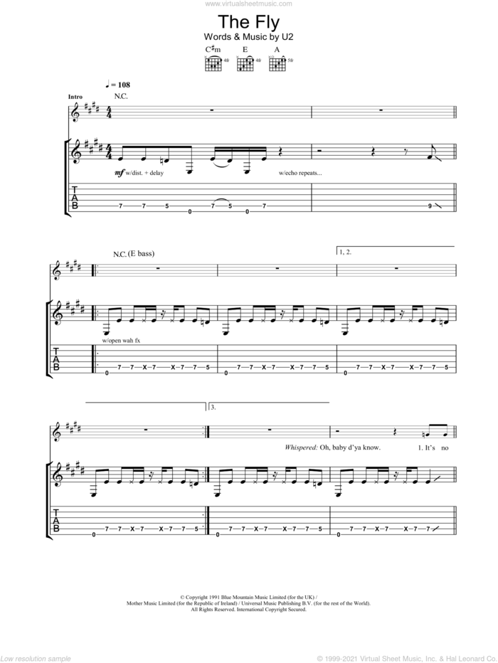 The Fly sheet music for guitar (tablature) by U2, intermediate skill level