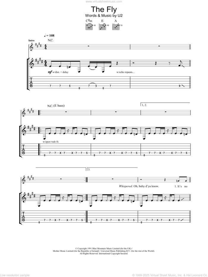 The Fly sheet music for guitar (tablature) by U2, intermediate skill level