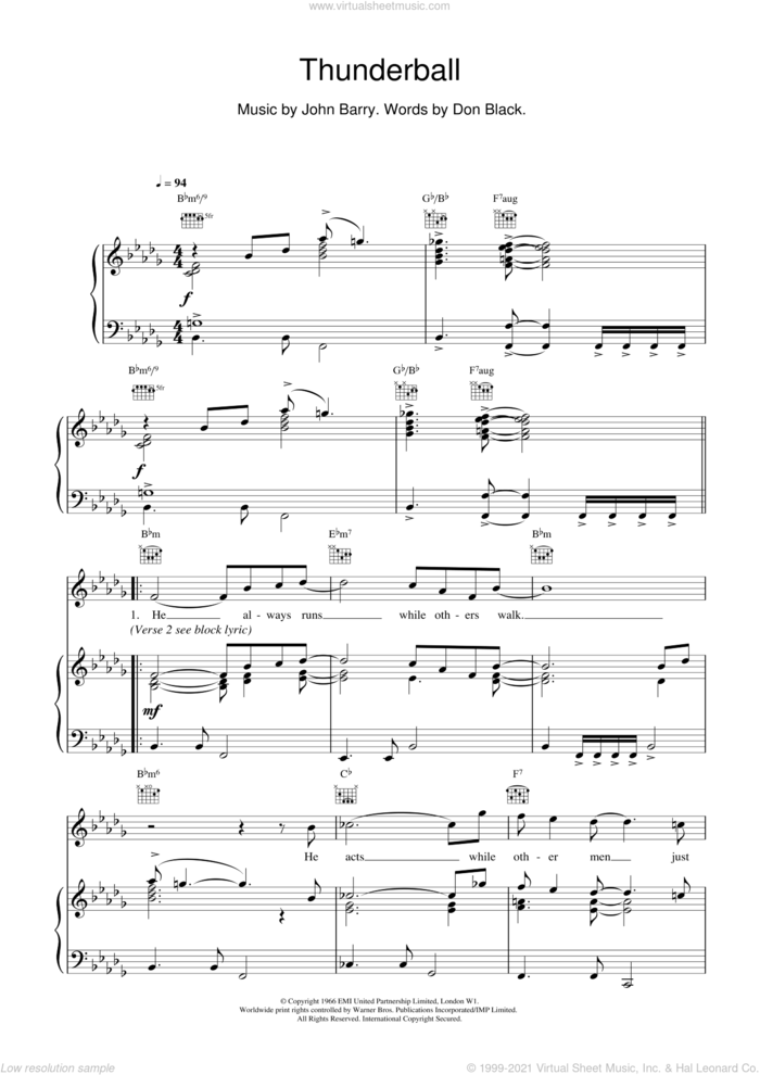 Thunderball sheet music for voice, piano or guitar by Tom Jones, intermediate skill level