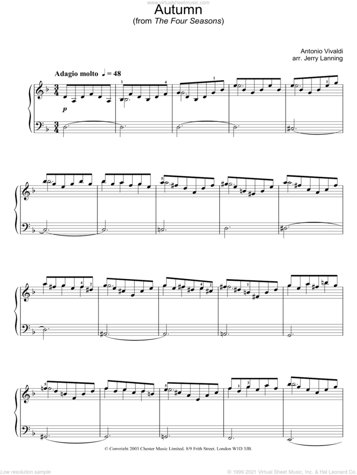 Autumn (from The Four Seasons), (intermediate) (from The Four Seasons) sheet music for piano solo by Antonio Vivaldi, classical score, intermediate skill level